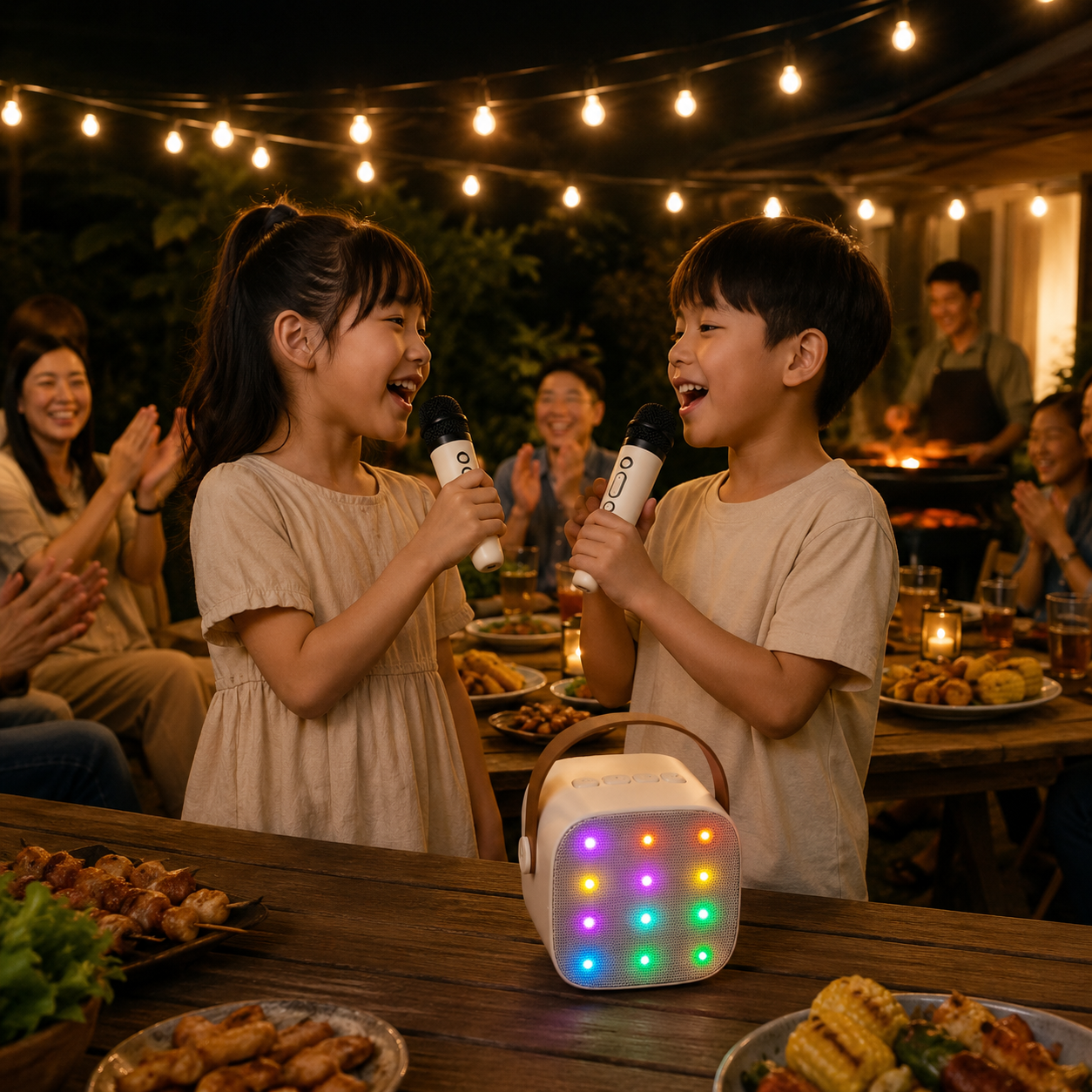 Two children singing a duet with two wireless microphones at a family backyard BBQ using a beige kids karaoke machine