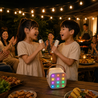Two children singing a duet with two wireless microphones at a family backyard BBQ using a beige kids karaoke machine