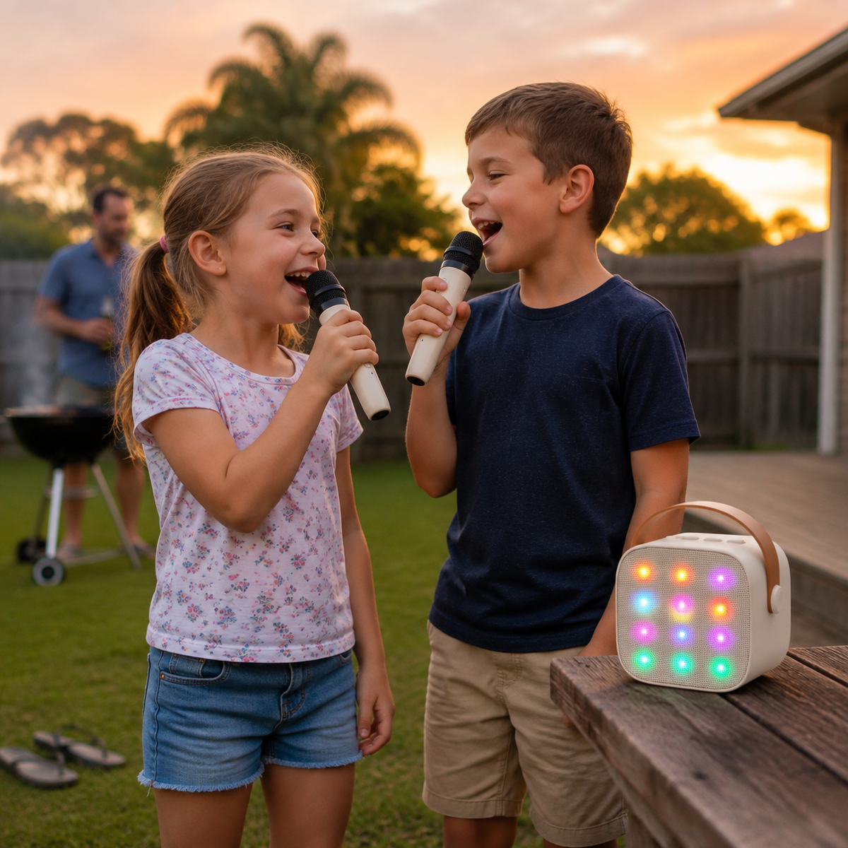 Two children singing a duet with beige wireless microphones at a classic New Zealand backyard BBQ at sunset, kids karaoke machine glowing on the table
