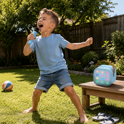 Young boy singing outdoors in a sunny backyard with a blue kids karaoke machine and wireless microphone