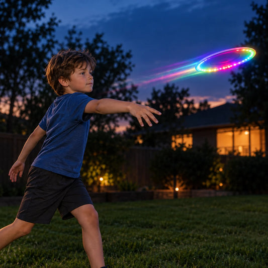 Boy in a dusk garden following through on a backhand throw as the lit disc flies ahead of him