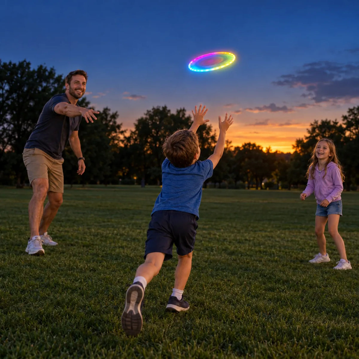 Father, son and daughter playing disc together on open parkland at dusk, the lit disc in the air between them
