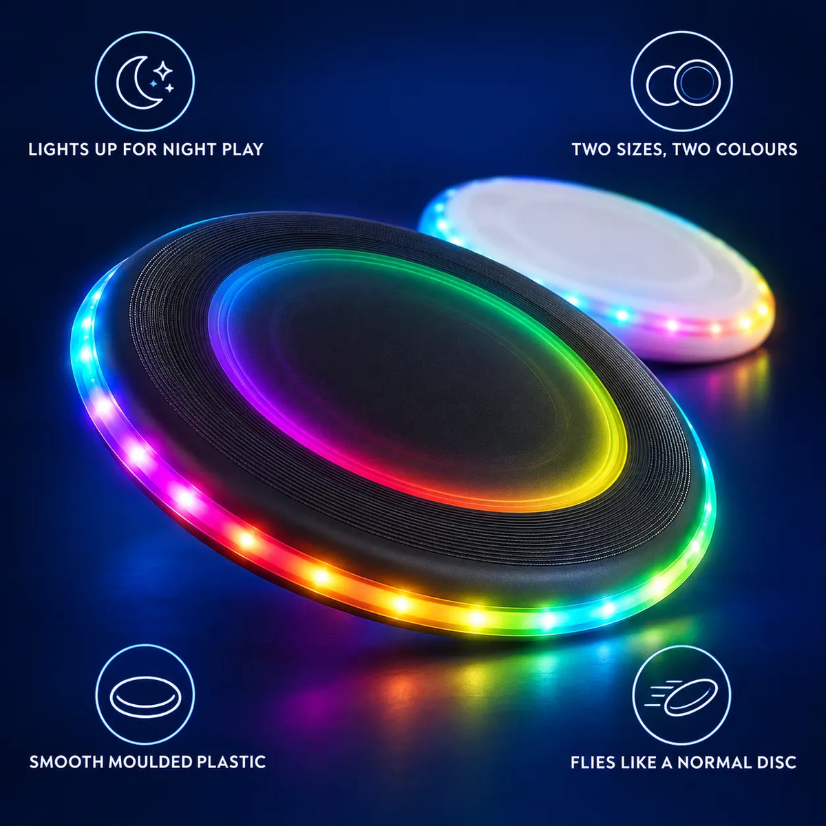 Light-Up Flying Disc features: lights up for night play, two sizes and two colours, moulded plastic, flies like a normal disc