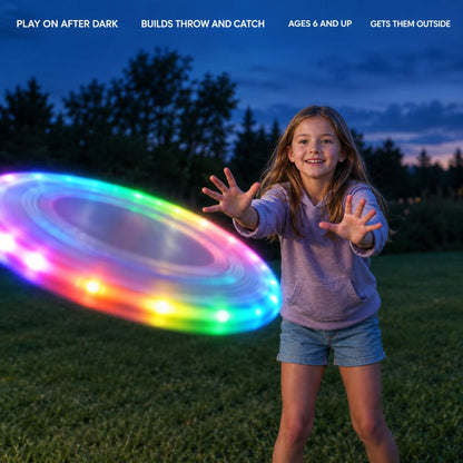 Girl on a dusk lawn reaching to catch the glowing disc, with benefit captions across the sky