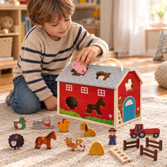 Child posting a wooden pig shape through the roof of the travelling farm barn
