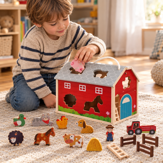 Child posting a wooden pig shape through the roof of the travelling farm barn
