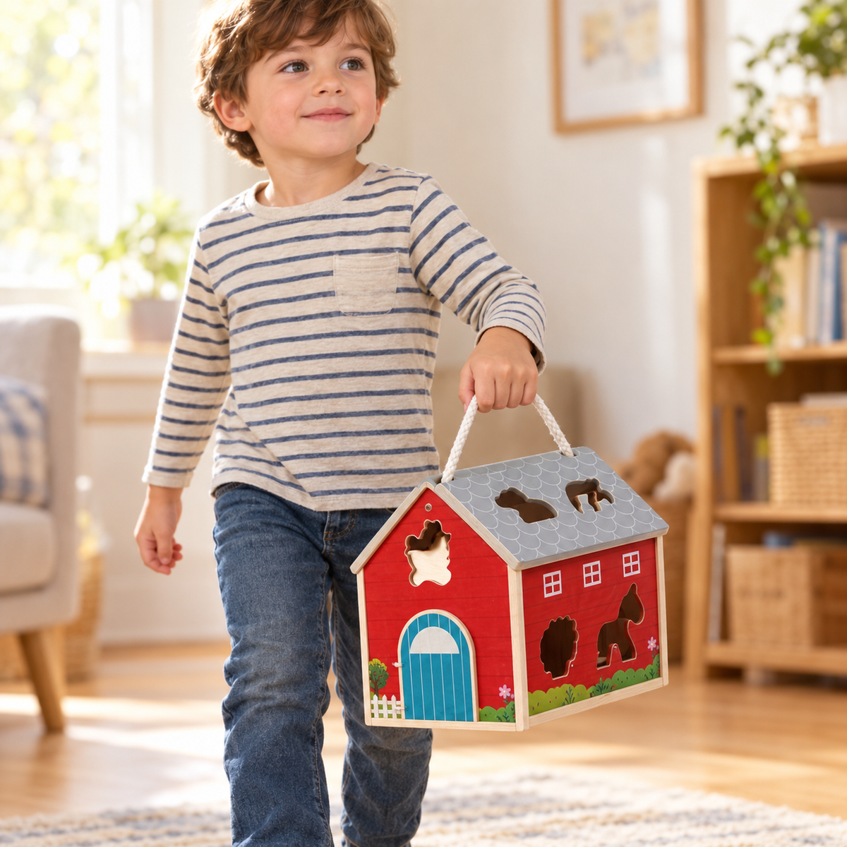Child carrying the wooden barn by its soft rope handle