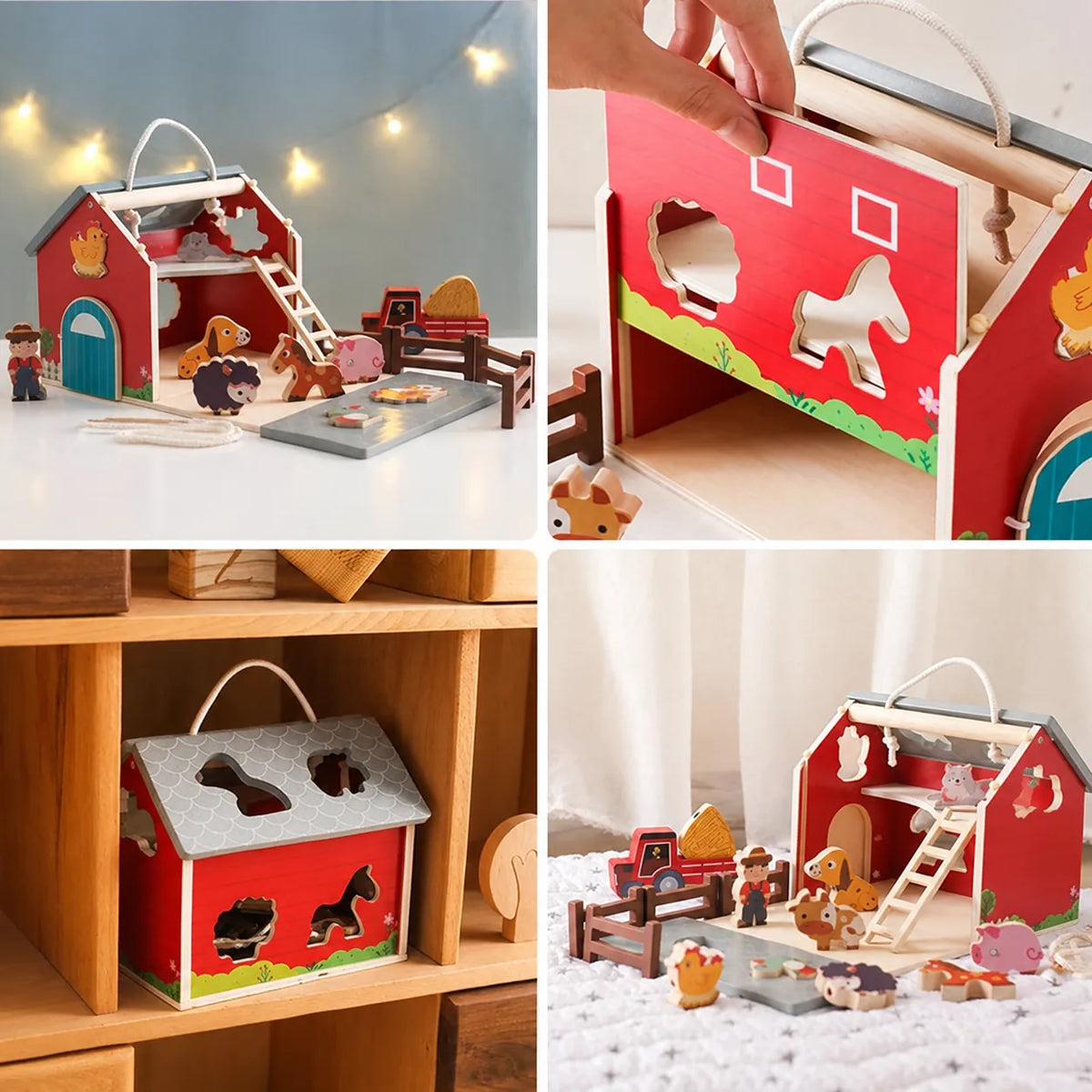 The wooden barn on a shelf and on a rug, showing the animal-shaped sorter holes, the ladder and the farmer