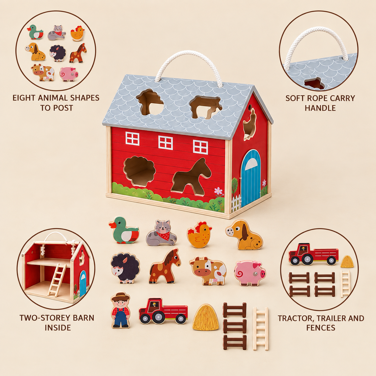 Travelling Farm features: eight animal shapes to post, rope carry handle, two-storey barn, tractor and fences