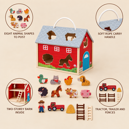 Travelling Farm features: eight animal shapes to post, rope carry handle, two-storey barn, tractor and fences