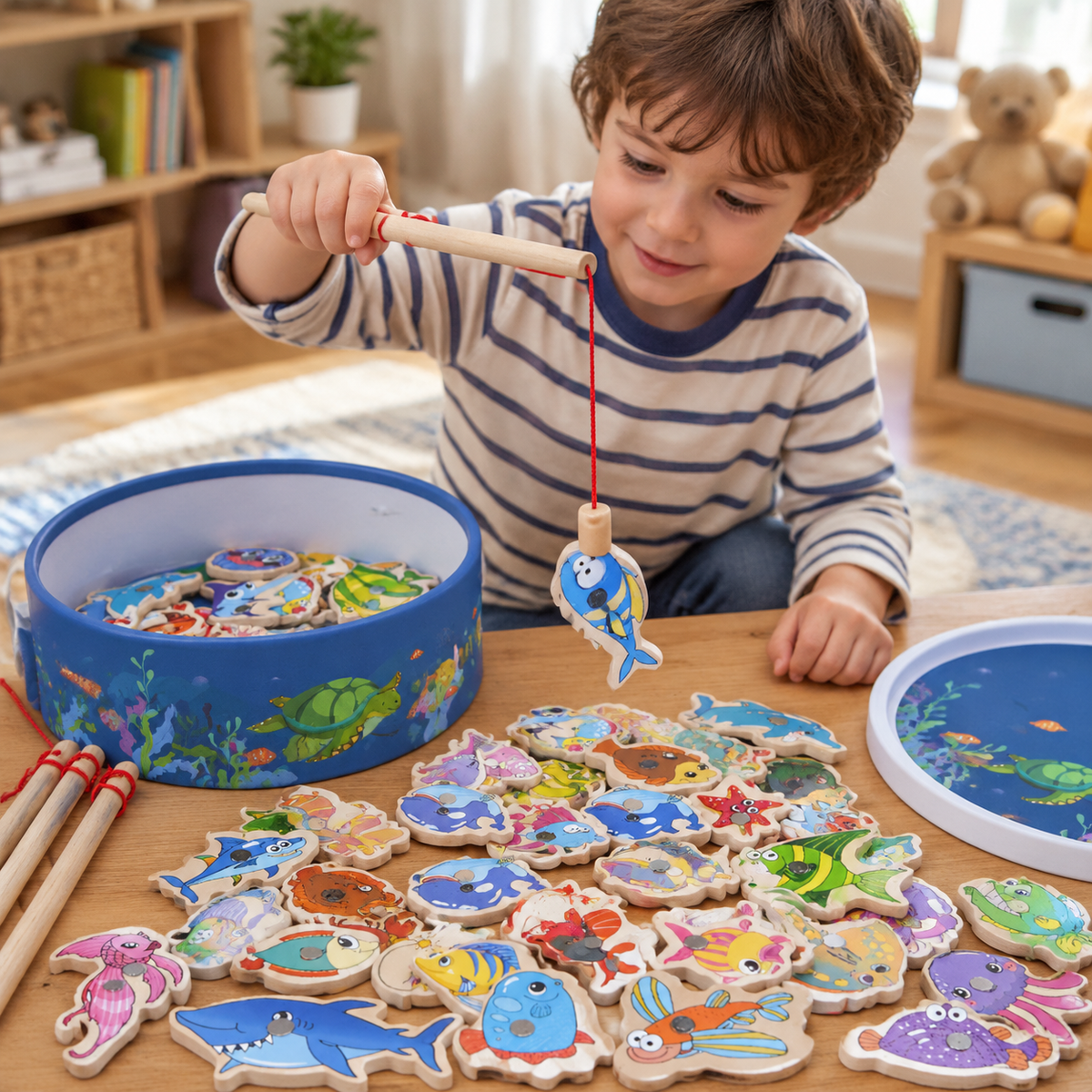 Child dangling a wooden magnetic fishing rod over a spread of painted wooden fish