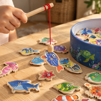 Close-up of the magnet on a wooden rod catching a painted wooden fish