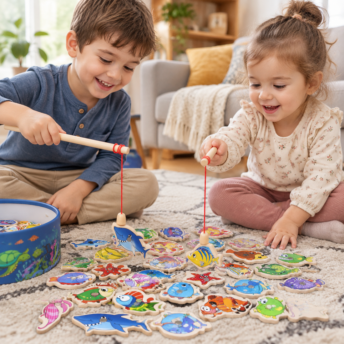 Two children fishing together with wooden rods over a shared spread of wooden fish