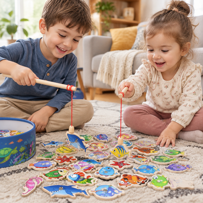 Two children fishing together with wooden rods over a shared spread of wooden fish