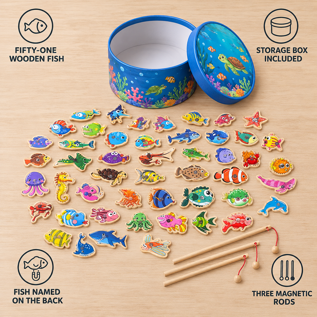 Magnetic Fishing Game features: fifty-one wooden fish, three magnetic rods, fish named on the back, storage box included