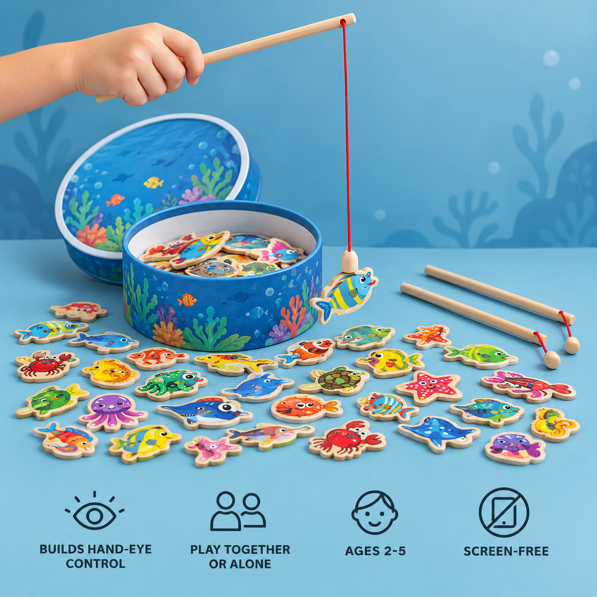 Magnetic Fishing Game benefits: builds hand-eye control, play together or alone, ages 2 to 5, screen-free