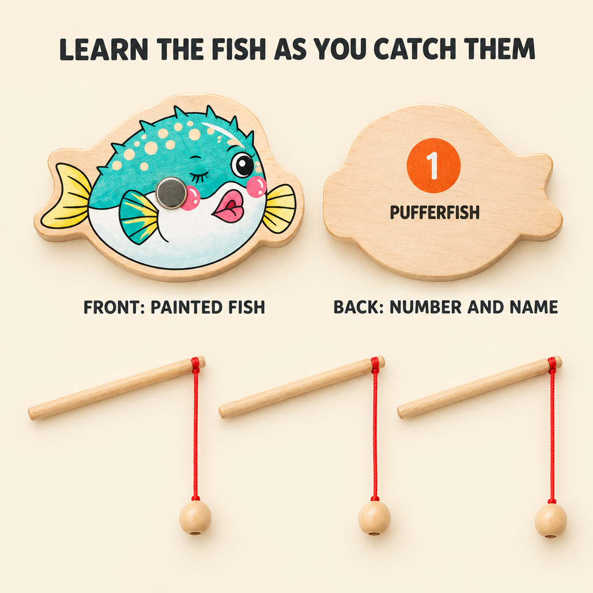 Fish tile front and back: painted fish on one side, number and English fish name on the other