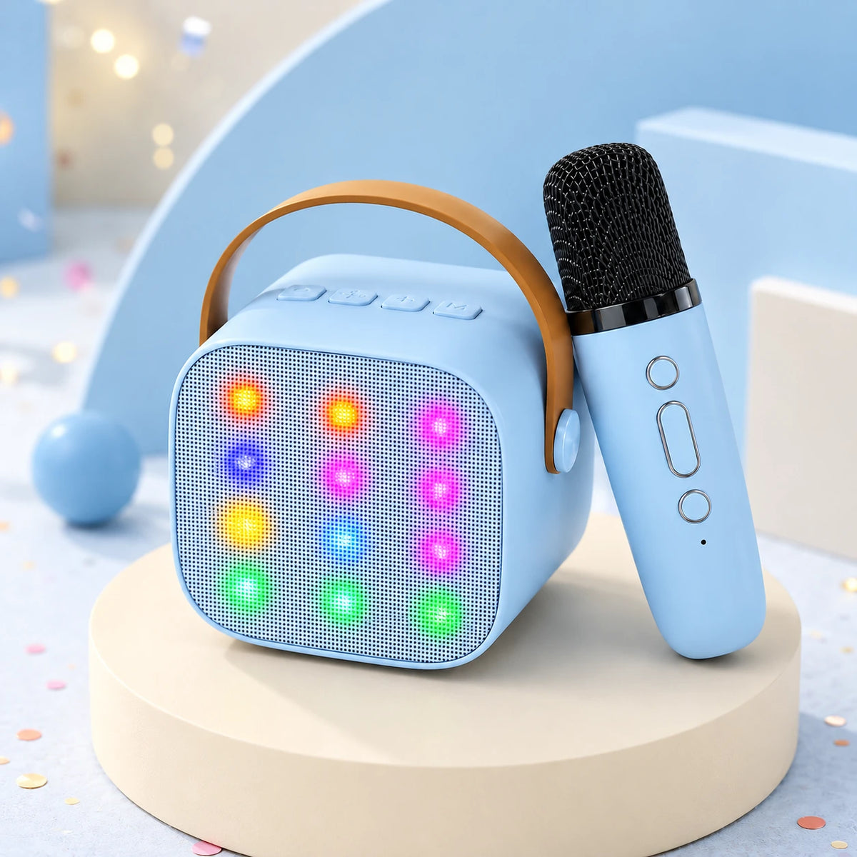 Blue kids karaoke machine with twelve colour-changing LED lights and its matching blue wireless microphone