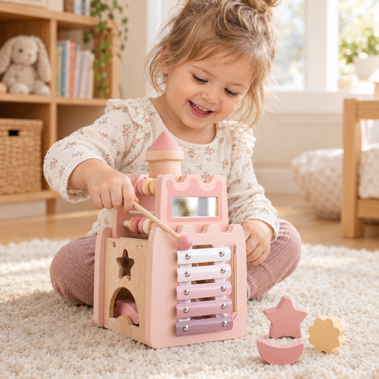 Wooden learning castle activity cube with shape sorter, xylophone and abacus on a playroom rug
