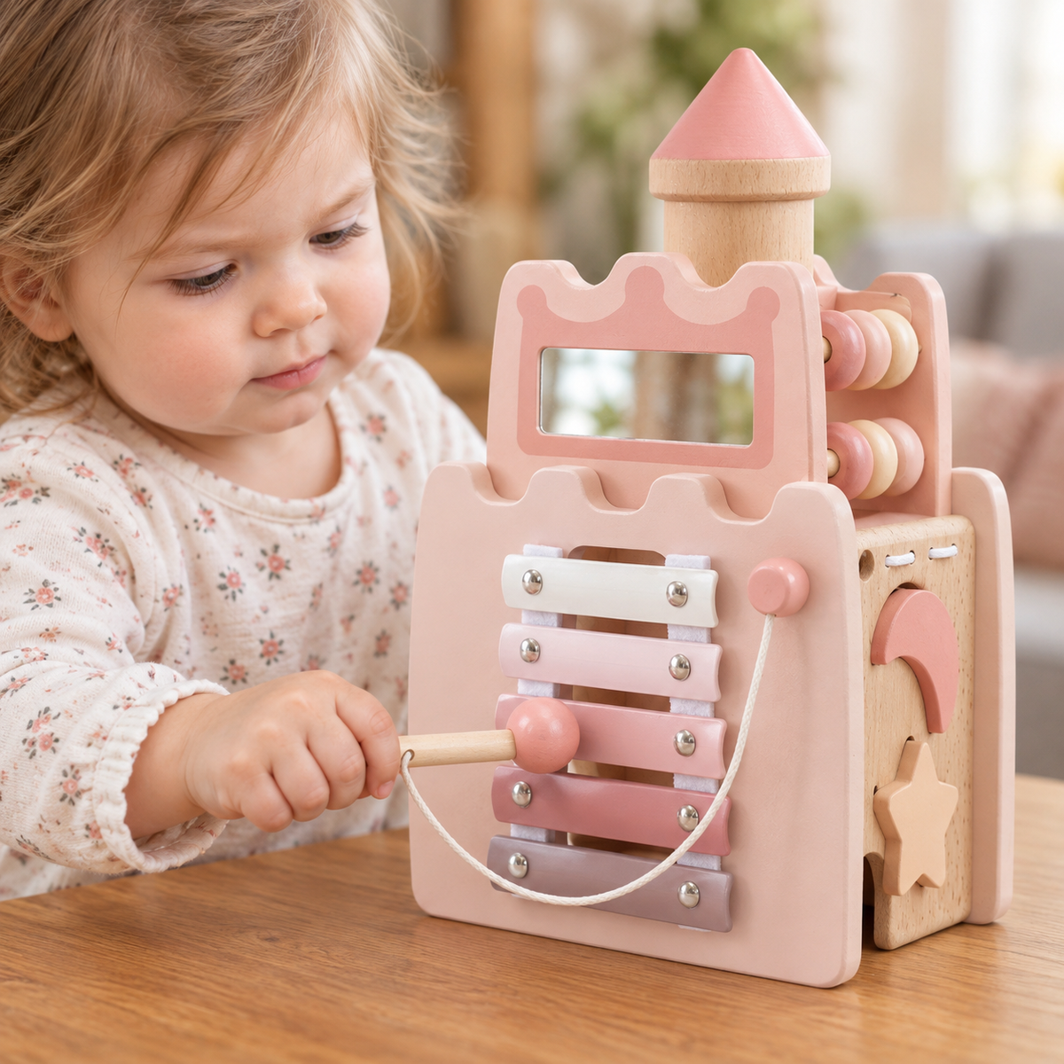 Toddler striking the learning castle xylophone with its wooden beater