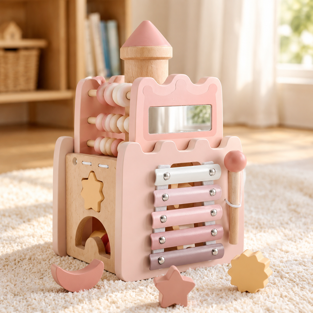 Close-up of the learning castle xylophone keys and coloured shape sorter blocks
