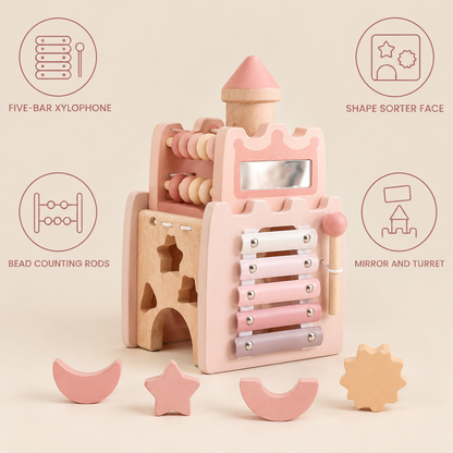 Learning Castle features: five-bar xylophone, shape sorter face, bead counting rods, mirror and turret