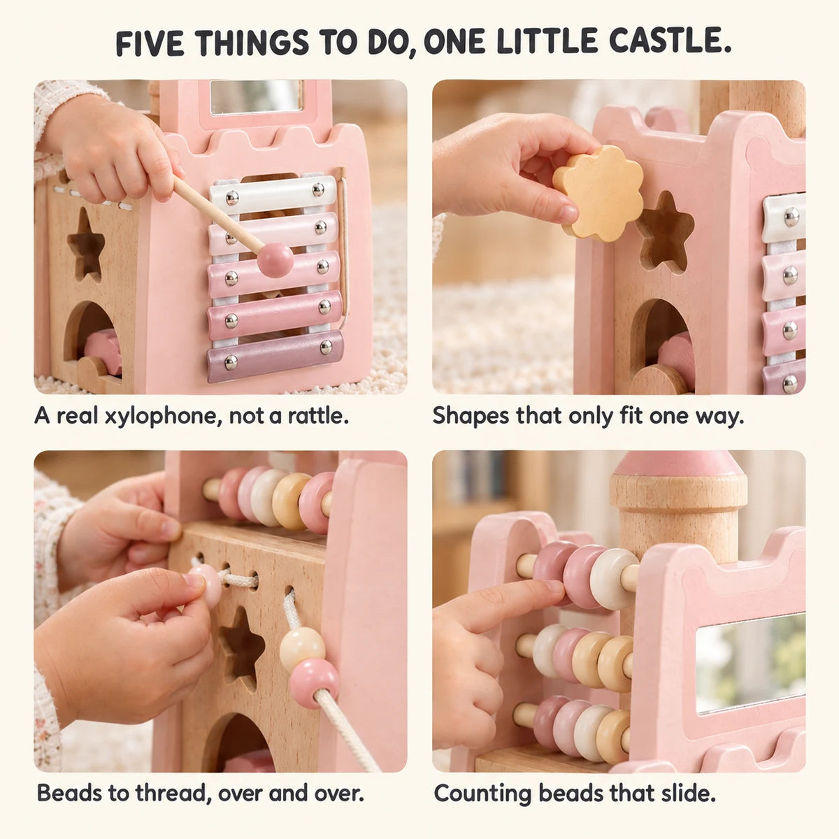 Five things to do on one little castle: xylophone, shape sorting, bead threading and counting beads