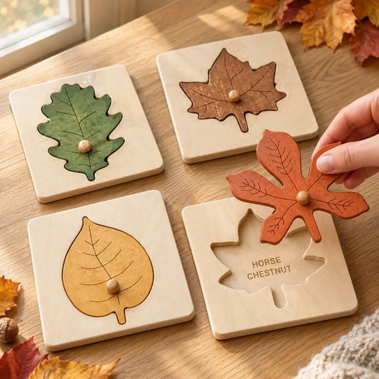 Four Montessori wooden leaf knob puzzles on an oak table, one leaf lifted to reveal the tree name engraved beneath