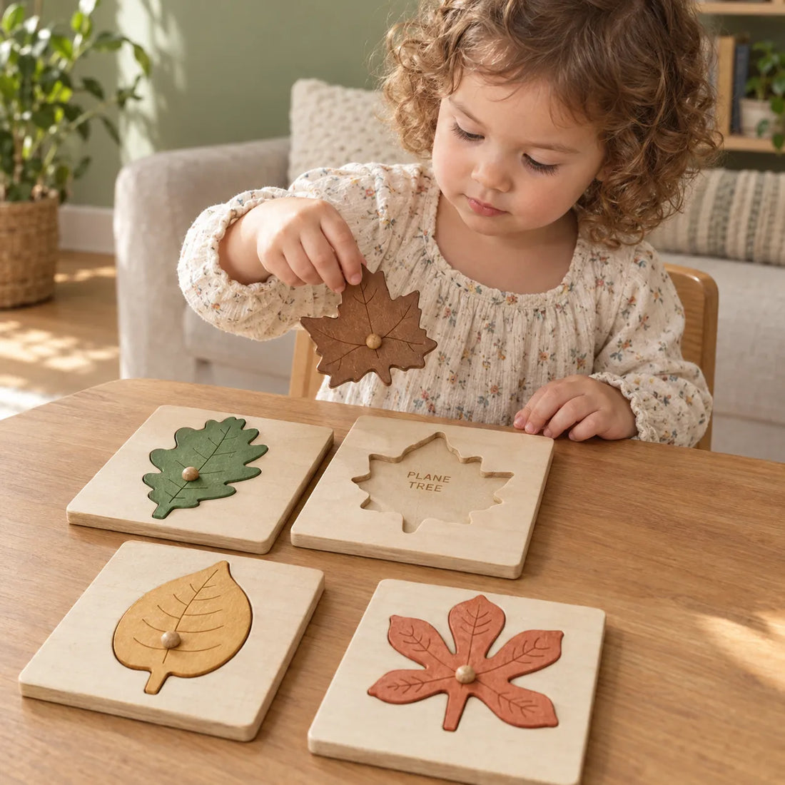 Two-year-old lifting the plane tree leaf from its wooden puzzle board to reveal the engraved name