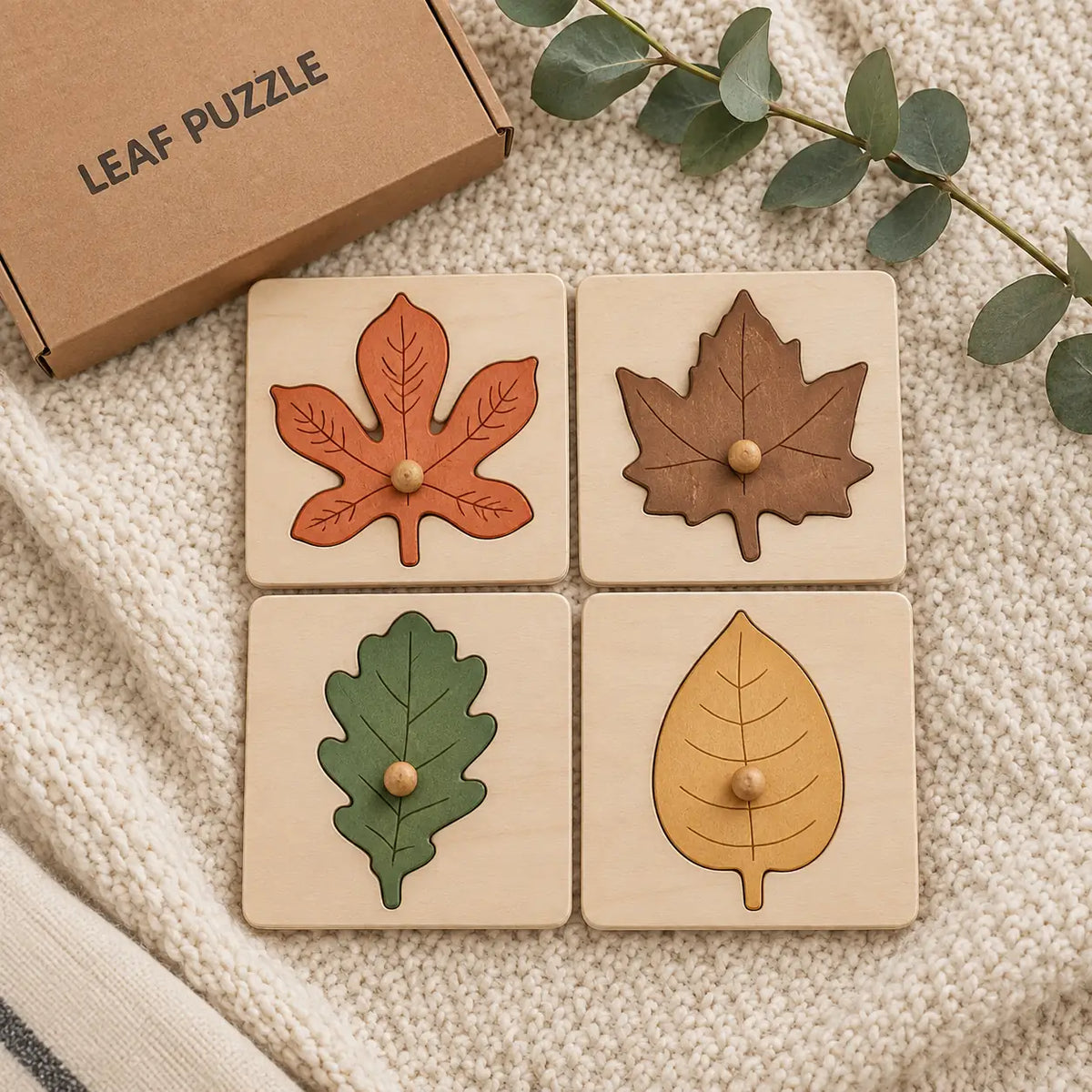 Four leaf puzzle boards in a grid beside their kraft gift box on a knitted blanket