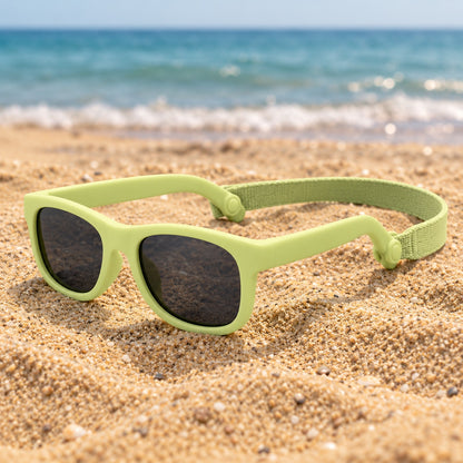 Light green baby sunglasses with strap resting on beach sand