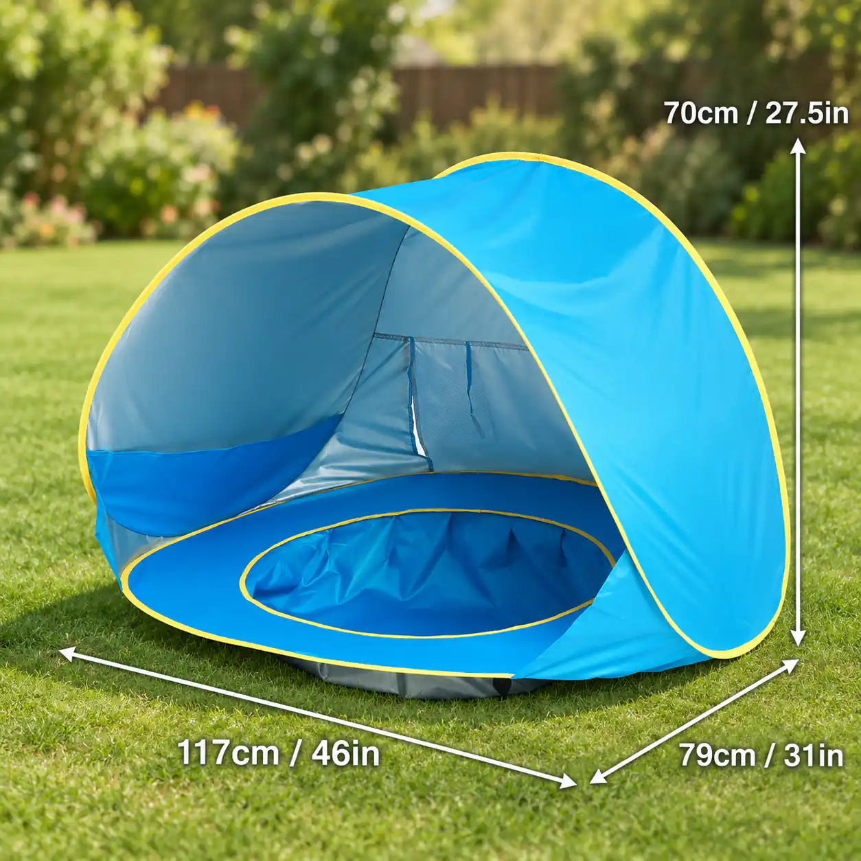 Pop up pool tent dimensions: 117 x 79 x 70 cm (46 x 31 x 27.5 inches)