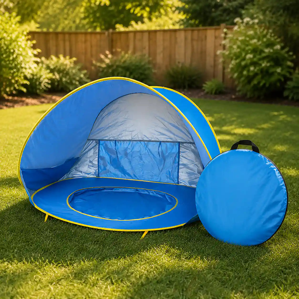 Little Cubs pop up beach tent on a lawn beside its round carry bag, showing how small it packs down