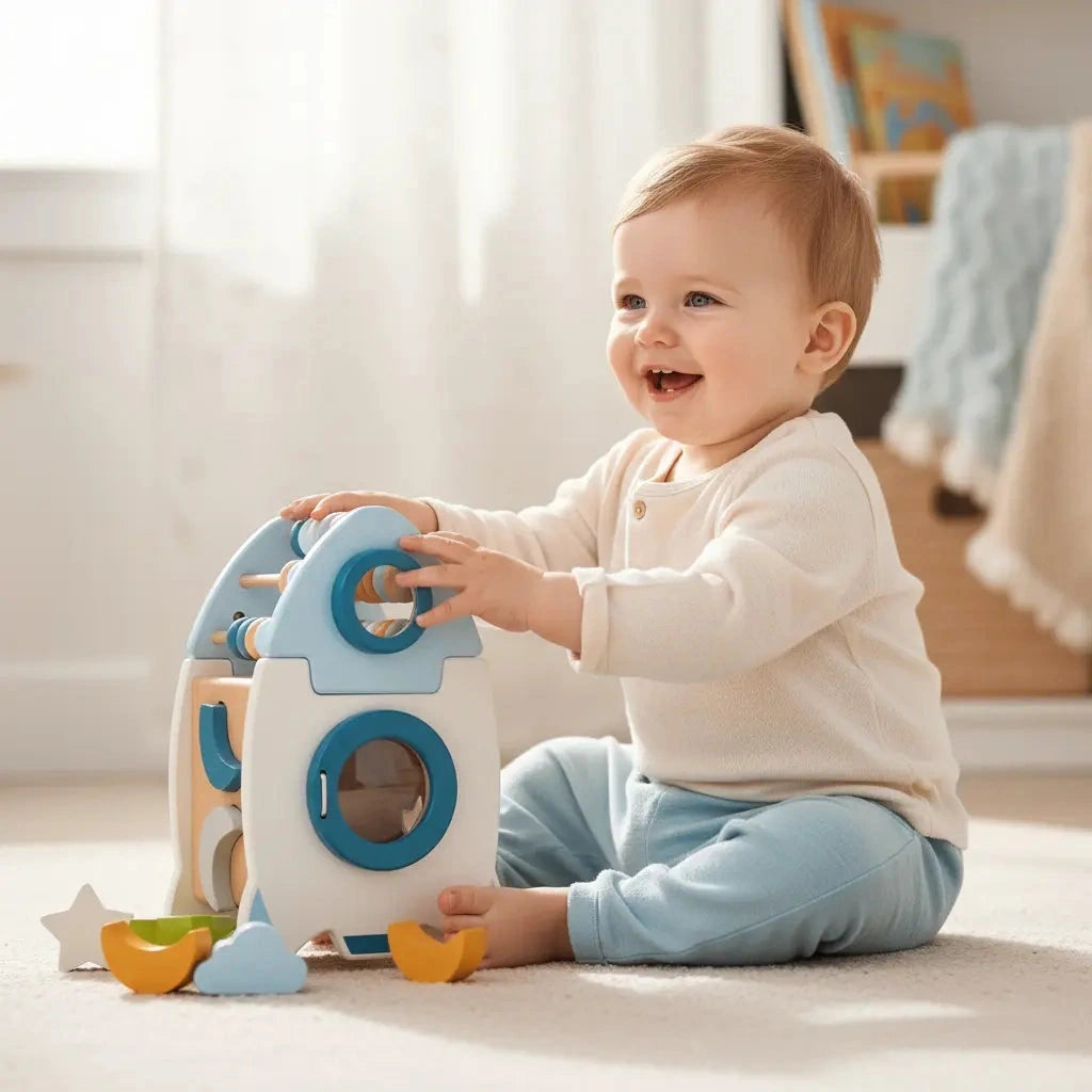 Baby sitting on a nursery floor playing with the wooden learning rocket, shape pieces beside them