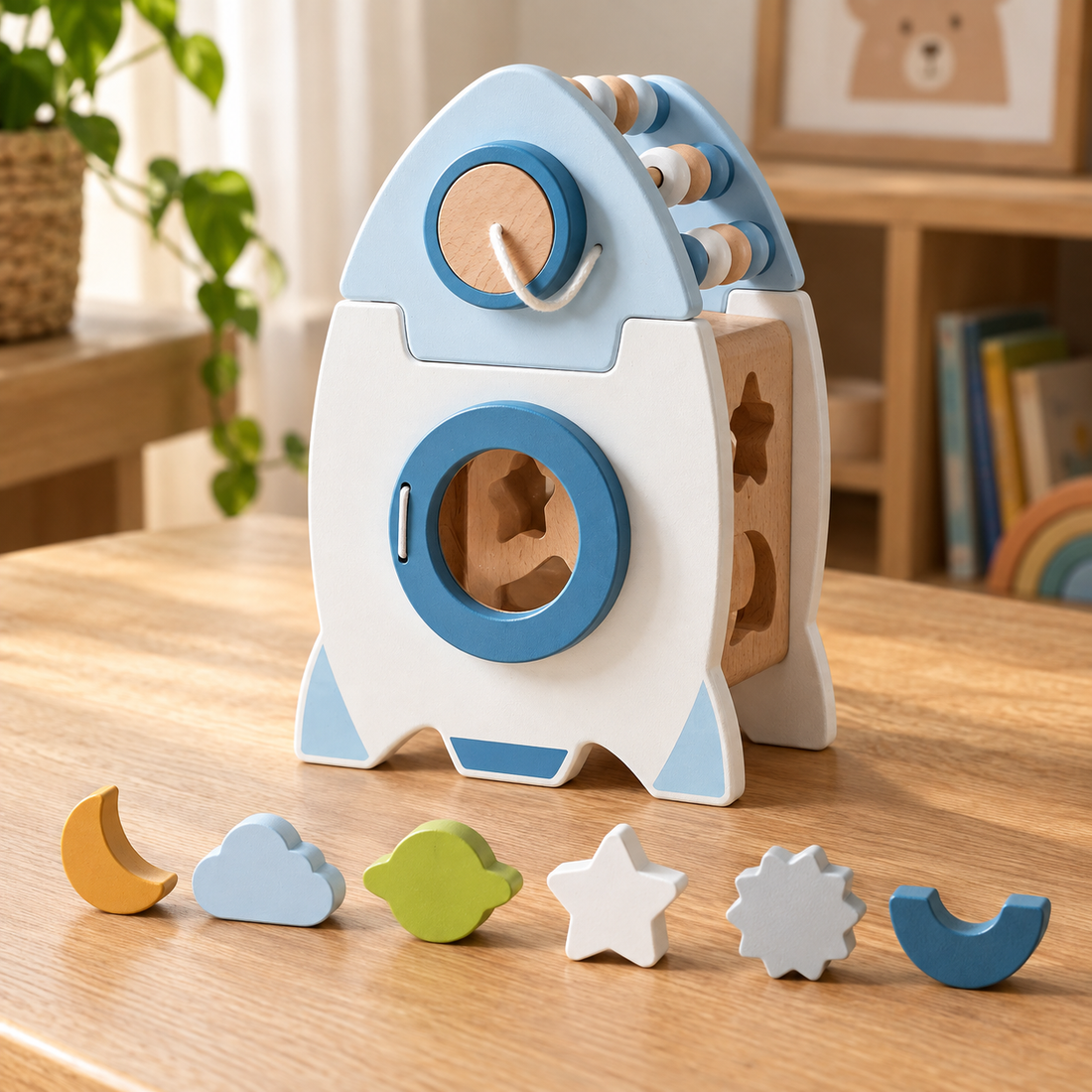 Wooden learning rocket with its six space-shaped sorting blocks laid out