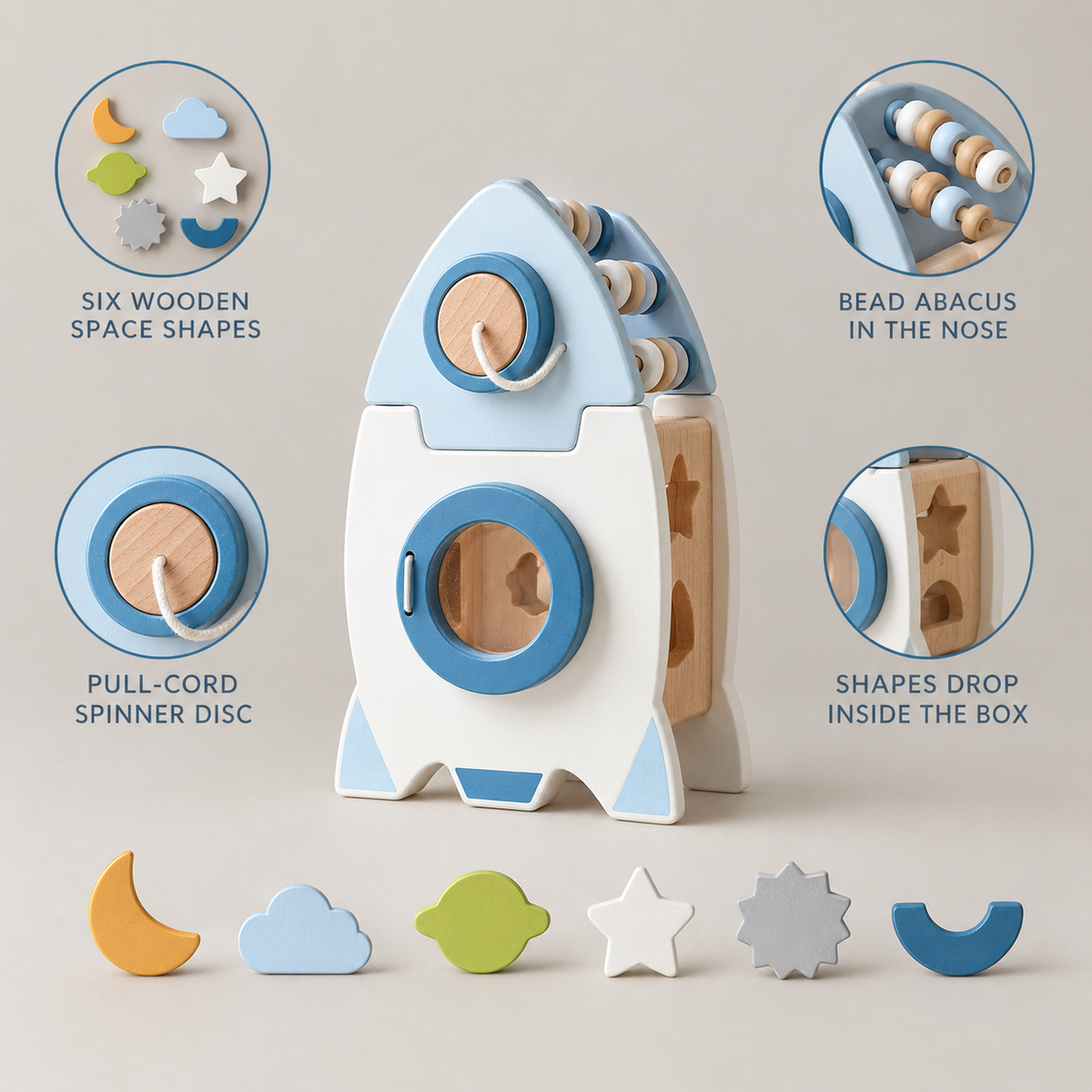 Learning Rocket features: six wooden space shapes, bead abacus in the nose, pull-cord spinner disc, shapes drop inside the box