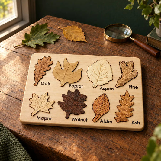 Wooden leaf specimen puzzle with eight named tree leaves on a wooden table