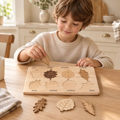 Six-year-old fitting a wooden leaf into the leaf specimen puzzle board