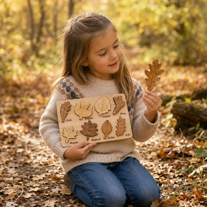Girl in autumn woodland comparing a wooden oak leaf piece to a real leaf