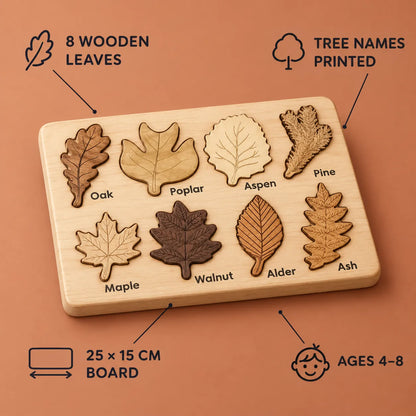 Leaf specimen puzzle features: 8 wooden leaves, tree names printed, 25 by 15 cm board, ages 4 to 8