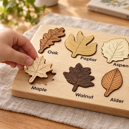 Child's hand placing a wooden leaf above the printed name Maple on the puzzle board