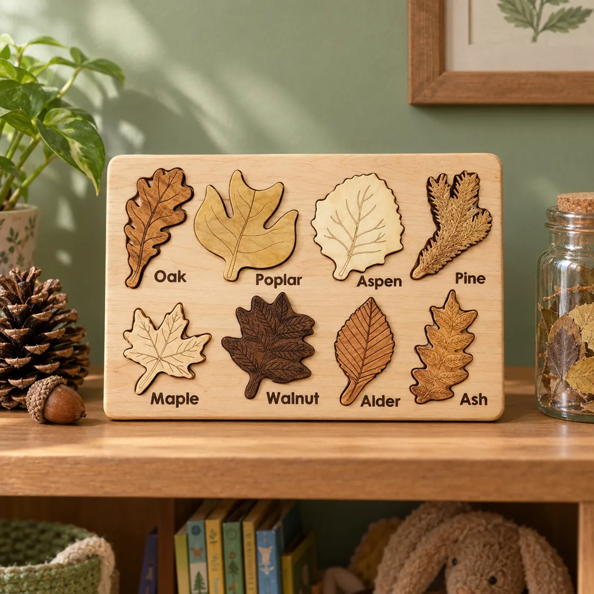 Leaf specimen puzzle board with all eight named leaves on a nature-table shelf