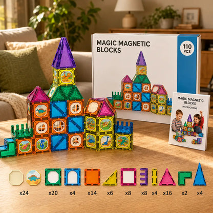 Everything included in the 110 piece dinosaur magnetic building set, with the quantity of each tile shape