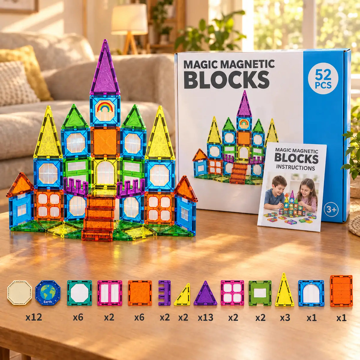 Everything included in the 52 piece magnetic building set, with the quantity of each tile shape