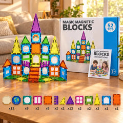 Everything included in the 52 piece magnetic building set, with the quantity of each tile shape