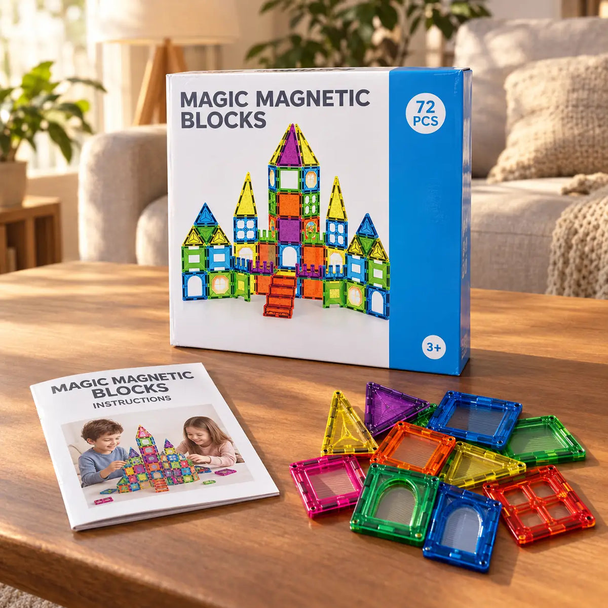 72 piece magnetic building set box with instruction booklet and loose tiles on a coffee table
