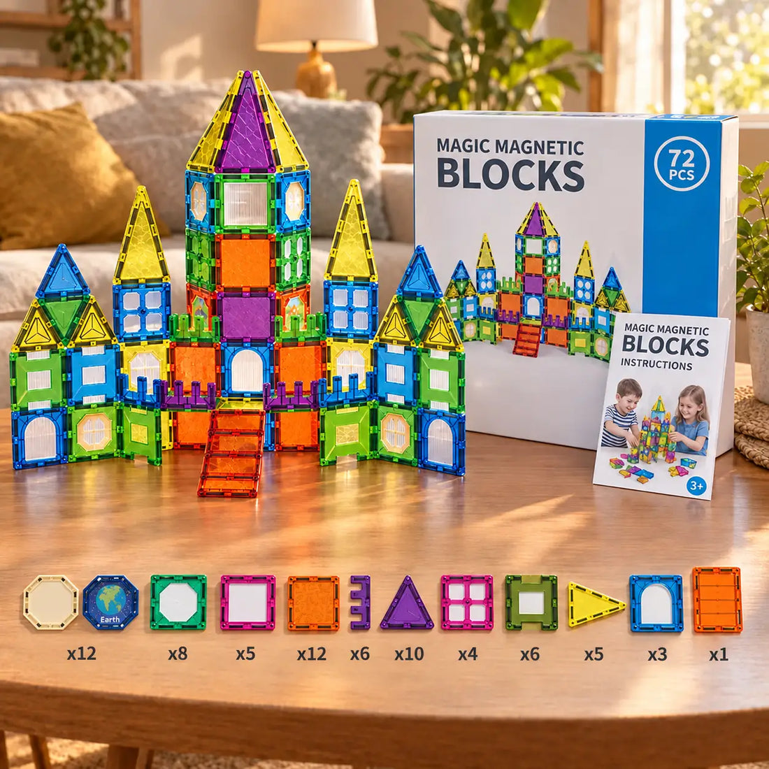 Everything included in the 72 piece magnetic building set, with the quantity of each tile shape