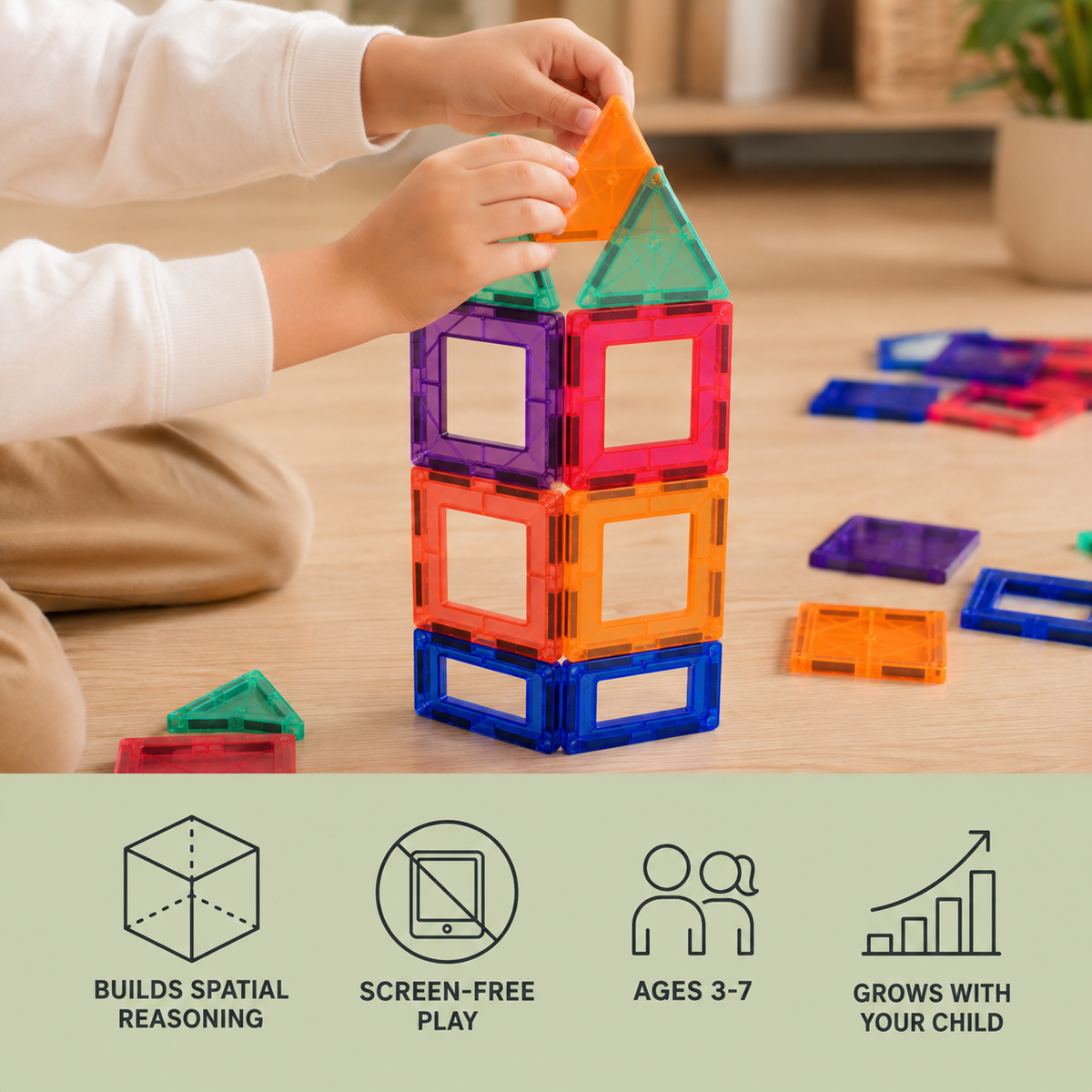 Benefits: builds spatial reasoning, screen-free play, ages 3 to 7, grows with your child