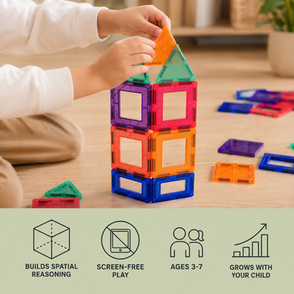 Benefits: builds spatial reasoning, screen-free play, ages 3 to 7, grows with your child