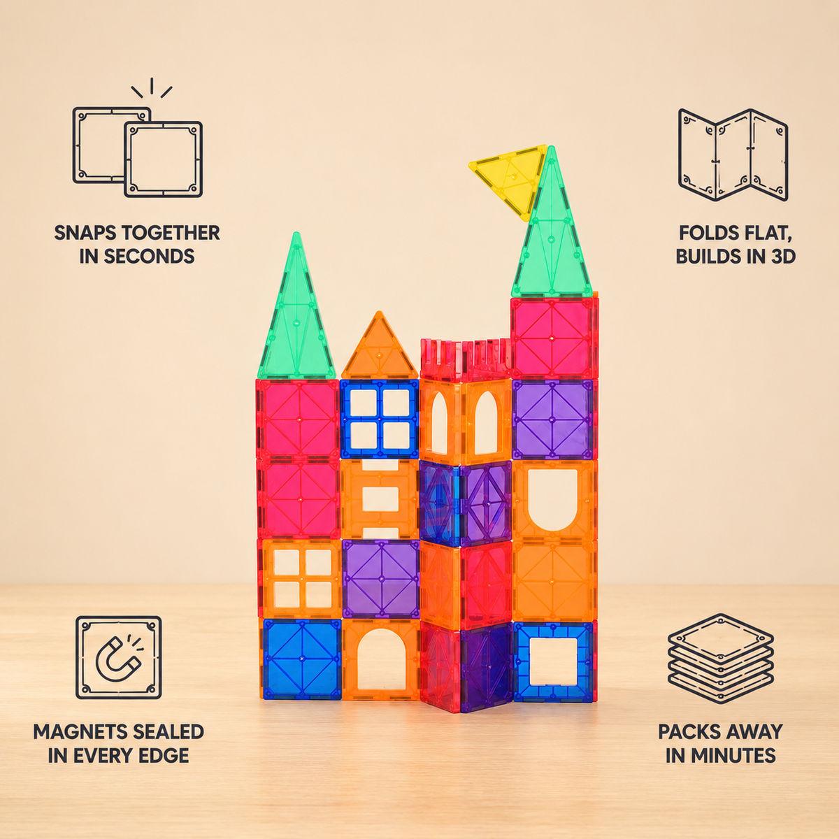 Feature overview: snaps together in seconds, folds flat and builds in 3D, magnets sealed in every edge, packs away in minutes